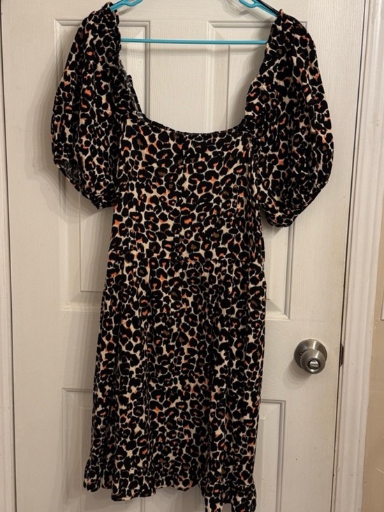 Dresses & Skirts - Leopard Print Puff Sleeve Midi Dress - Black & Brown